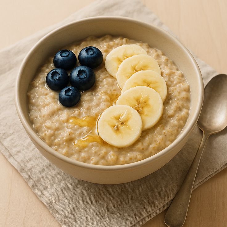 Beautiful bowl of creamy oatmeal with blueberries