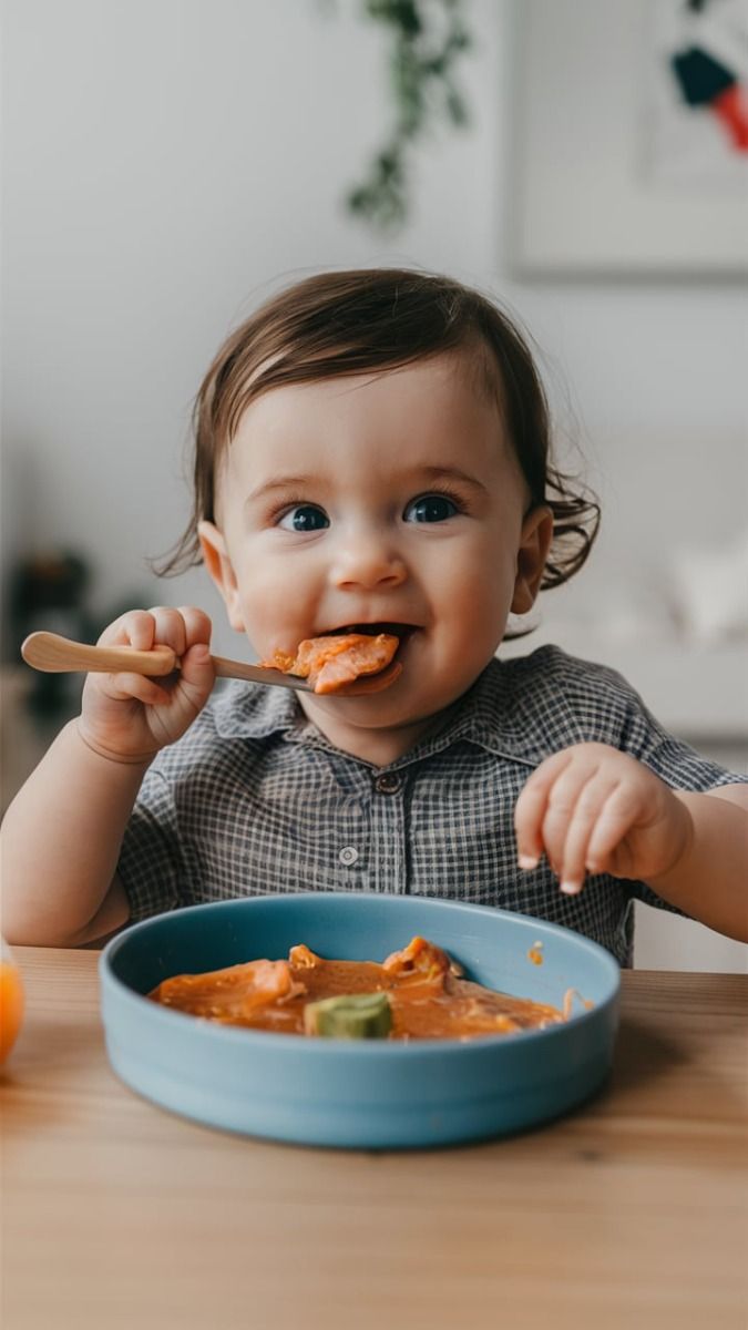 Father laughing as his little girl eats