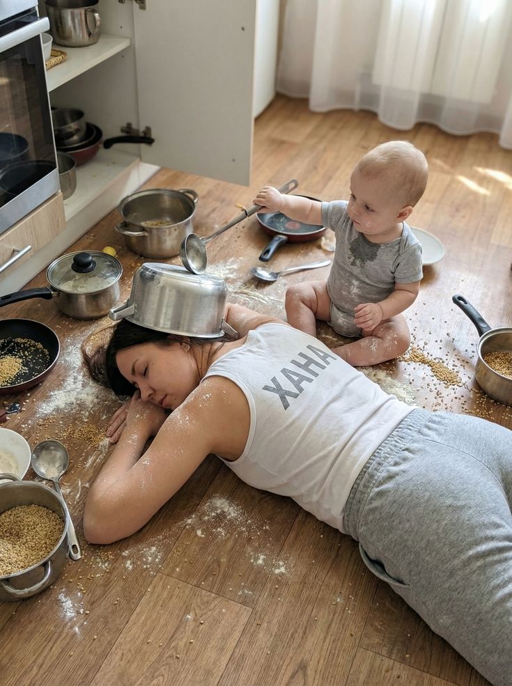 Exhausted mother in messy kitchen